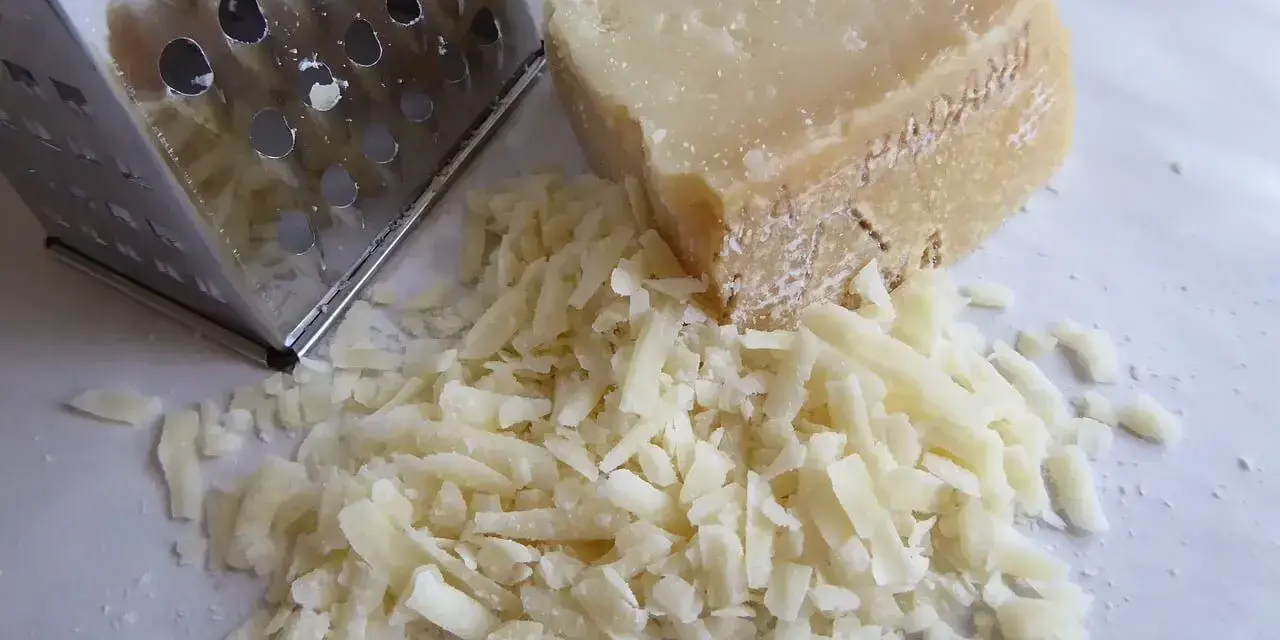 Tarka metalowa i kawałek sera z garścią startego sera.