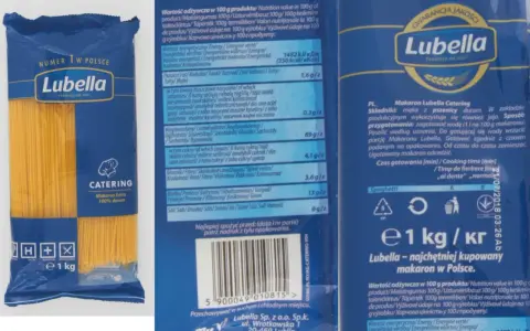 Opakowanie makaronu spaghetti Lubella z widocznym napisem "Catering" i wagą 1 kg.