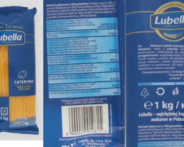 Opakowanie makaronu spaghetti Lubella z widocznym napisem "Catering" i wagą 1 kg.