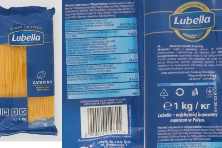 Opakowanie makaronu spaghetti Lubella z widocznym napisem "Catering" i wagą 1 kg.
