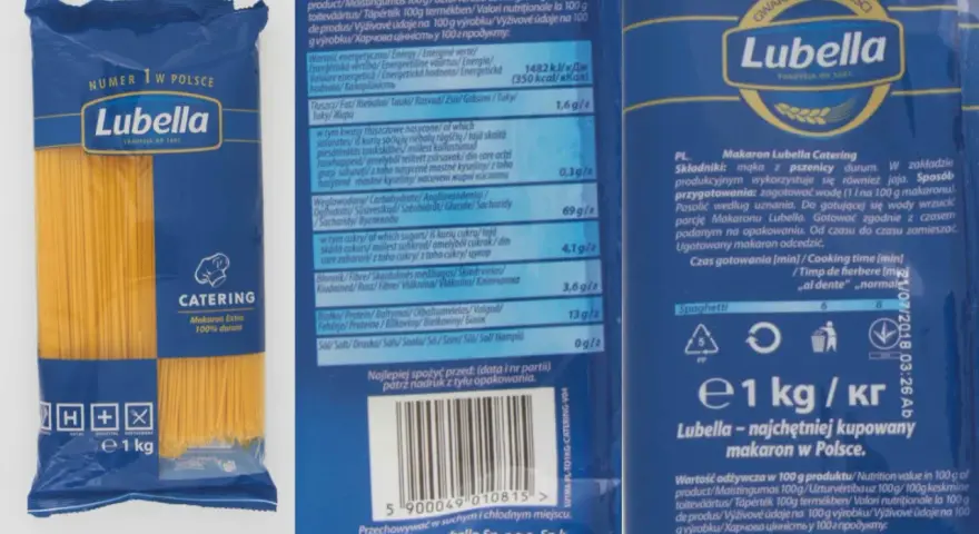 Opakowanie makaronu spaghetti Lubella z widocznym napisem "Catering" i wagą 1 kg.