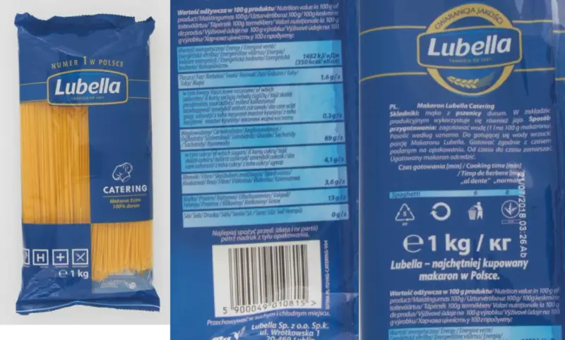 Opakowanie makaronu spaghetti Lubella z widocznym napisem "Catering" i wagą 1 kg.